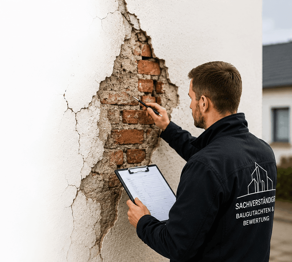 Bausachverständiger prüft Riss und Bauschaden an einer Außenwand